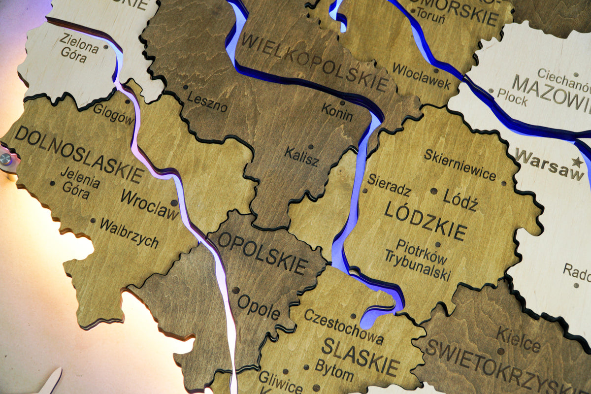 Wooden Multilayer Map of Poland with Illuminated Rivers, color Wonder — buy | FACTURA