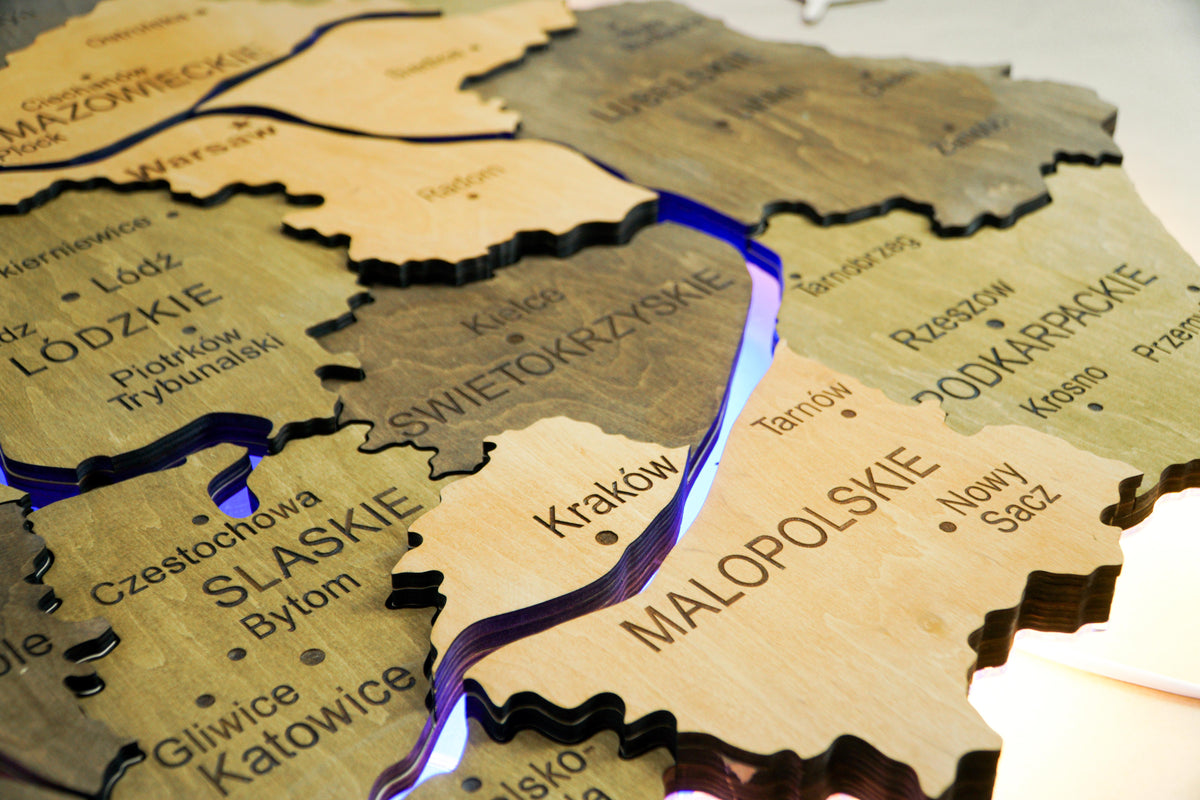 Wooden Multilayer Map of Poland with Illuminated Rivers, color Elis — buy | FACTURA