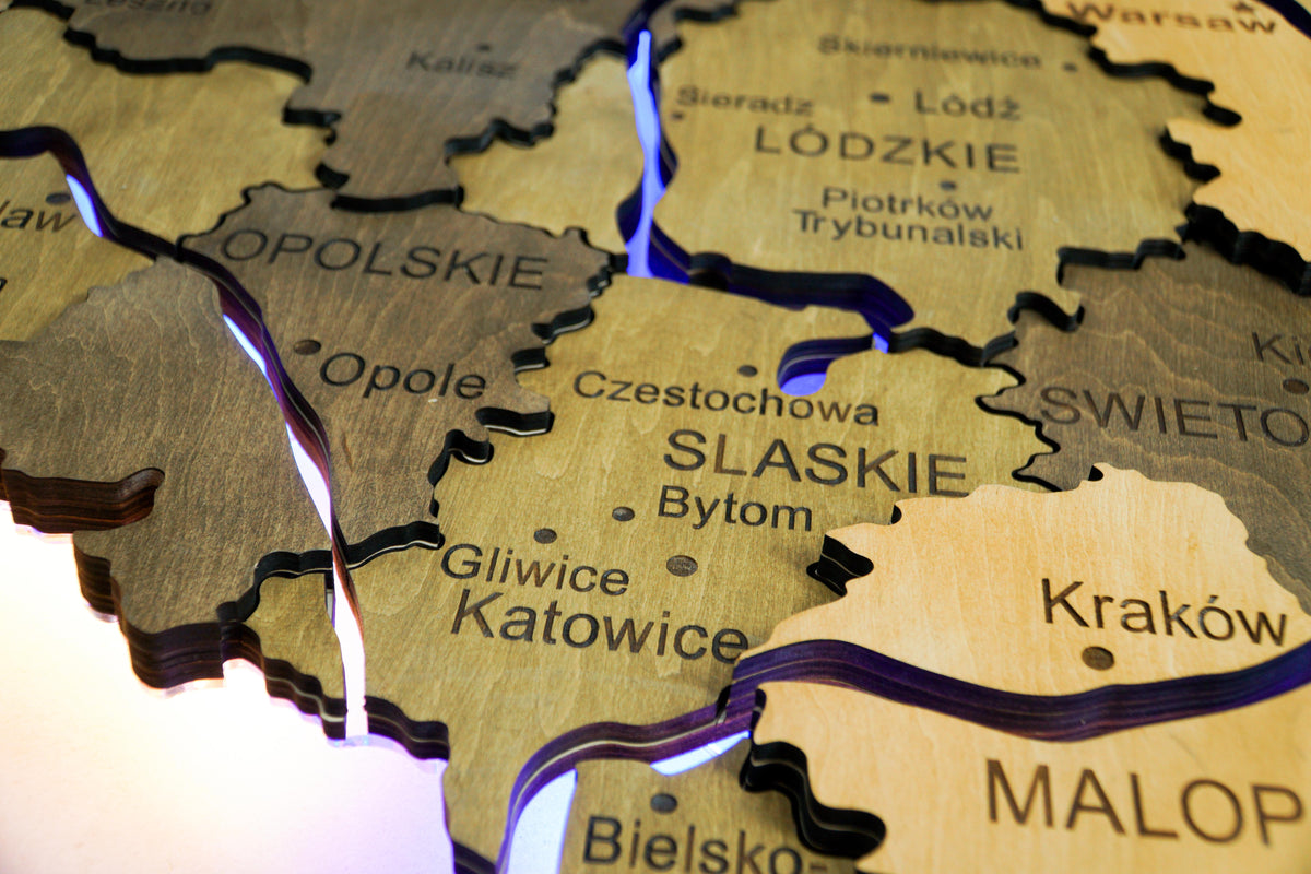 Wooden Multilayer Map of Poland with Illuminated Rivers, color Elis — buy | FACTURA