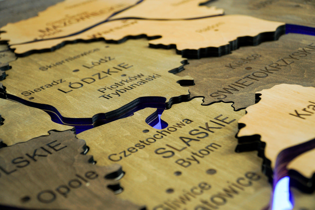 Wooden Multilayer Map of Poland with Illuminated Rivers, color Elis — buy | FACTURA