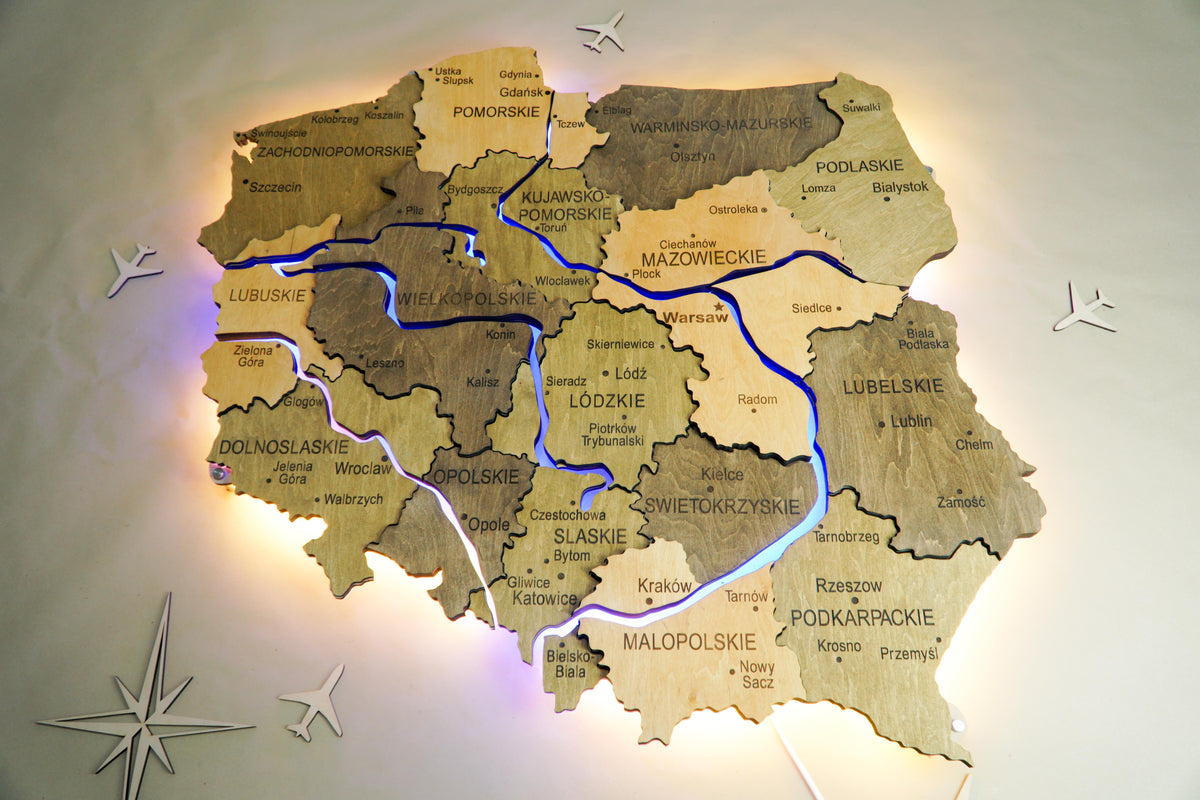 Wooden Multilayer Map of Poland with Illuminated Rivers, color Elis — buy | FACTURA