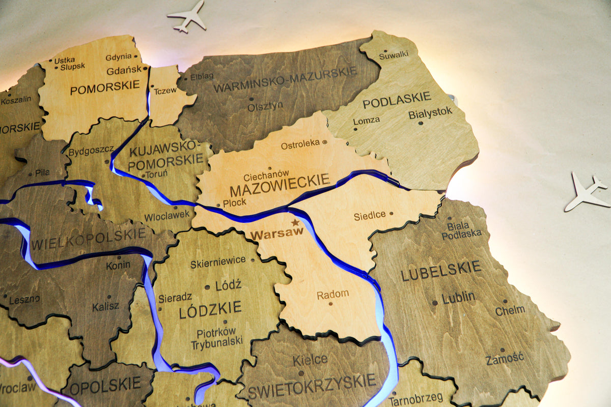 Wooden Multilayer Map of Poland with Illuminated Rivers, color Elis — buy | FACTURA