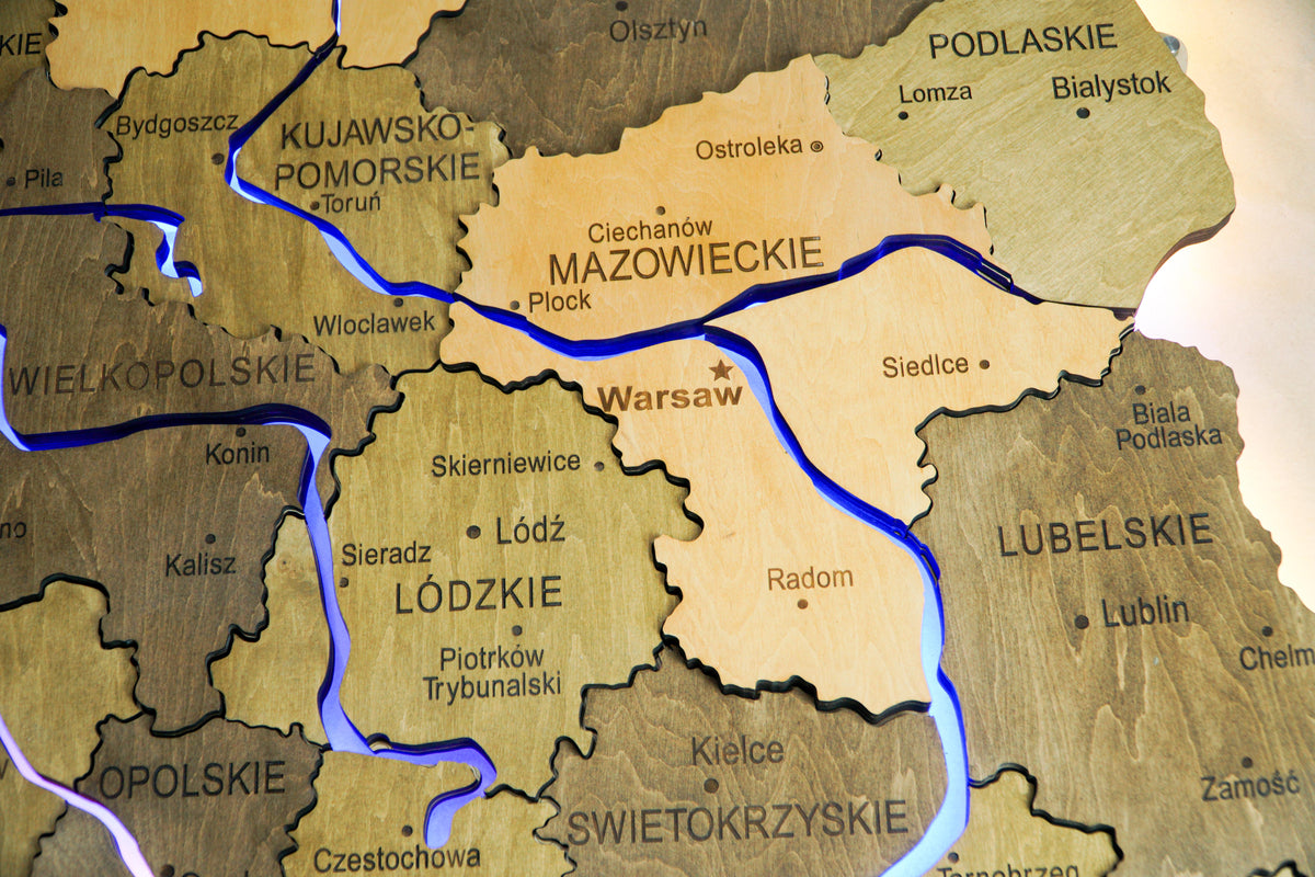 Wooden Multilayer Map of Poland with Illuminated Rivers, color Elis — buy | FACTURA