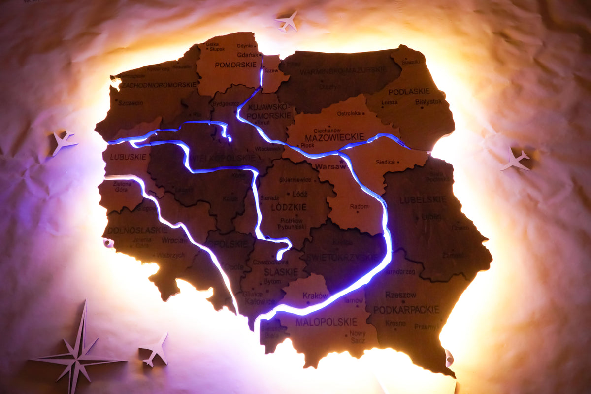 Wooden Multilayer Map of Poland with Illuminated Rivers, color Elis — buy | FACTURA