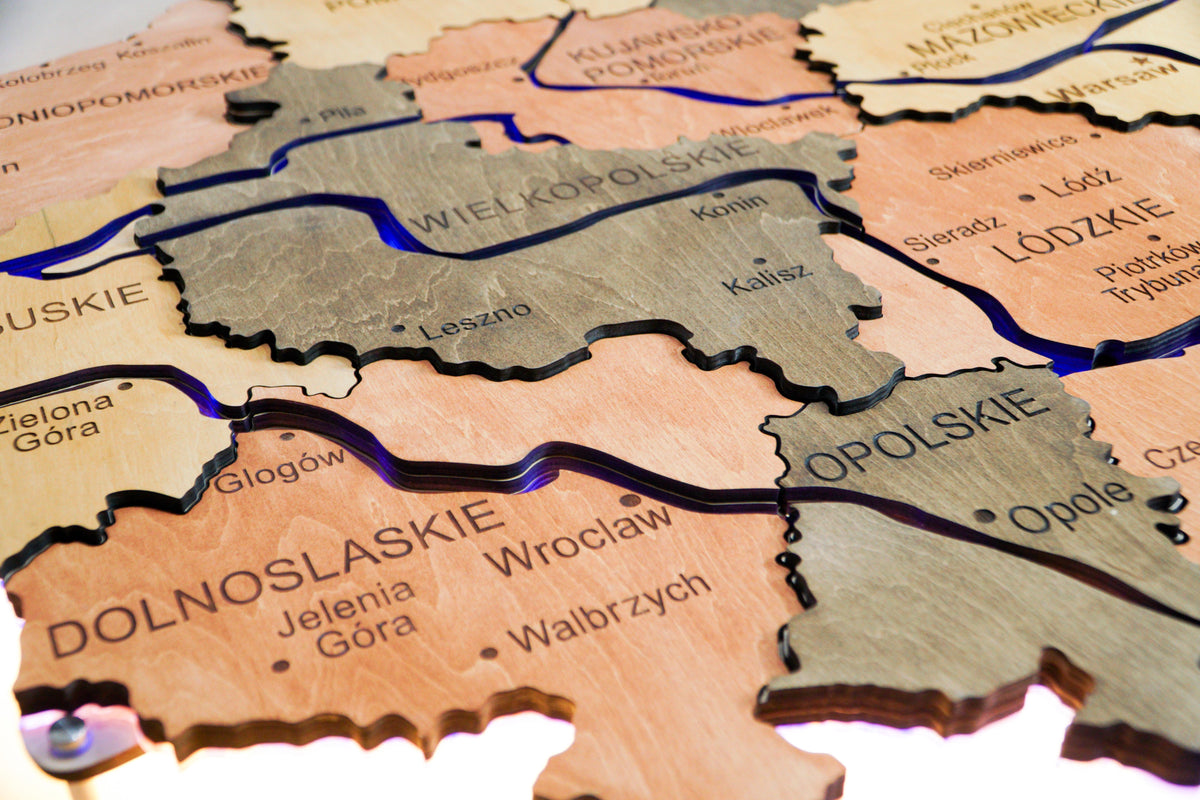 Wooden Multilayer Map of Poland with Illuminated Rivers, color Warm — buy | FACTURA