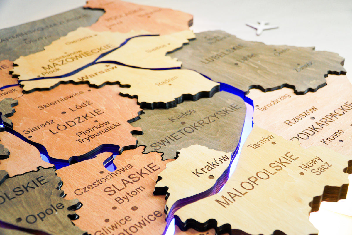Wooden Multilayer Map of Poland with Illuminated Rivers, color Warm — buy | FACTURA