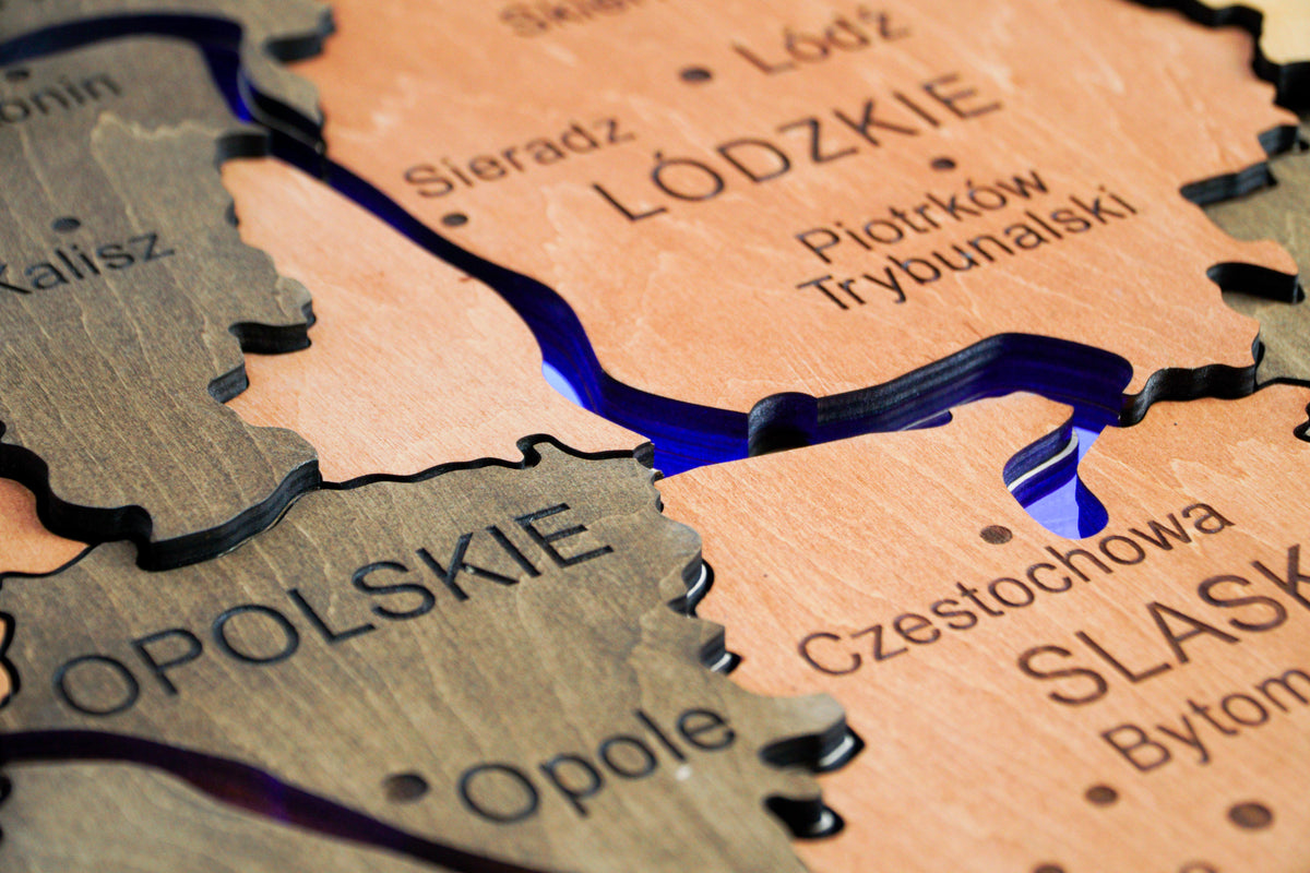 Wooden Multilayer Map of Poland with Illuminated Rivers, color Warm — buy | FACTURA