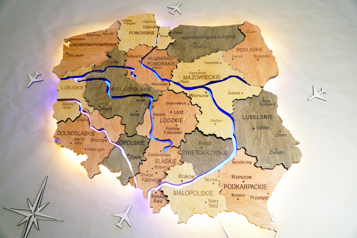 Wooden Multilayer Map of Poland with Illuminated Rivers, color Warm — buy | FACTURA