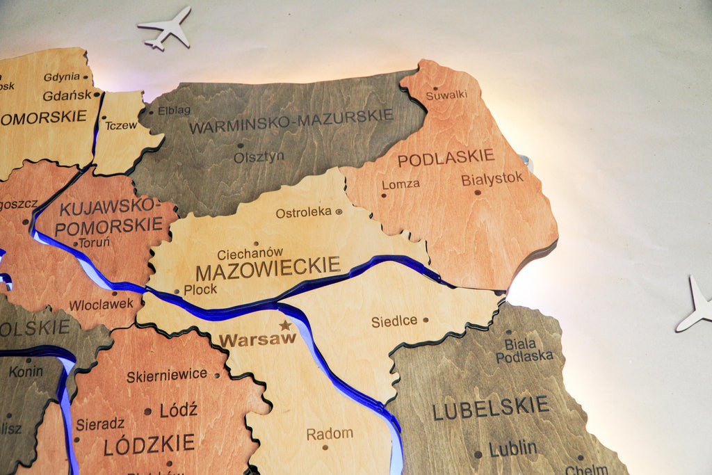 Wooden Multilayer Map of Poland with Illuminated Rivers, color Warm — buy | FACTURA
