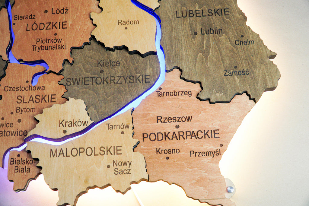 Wooden Multilayer Map of Poland with Illuminated Rivers, color Warm — buy | FACTURA