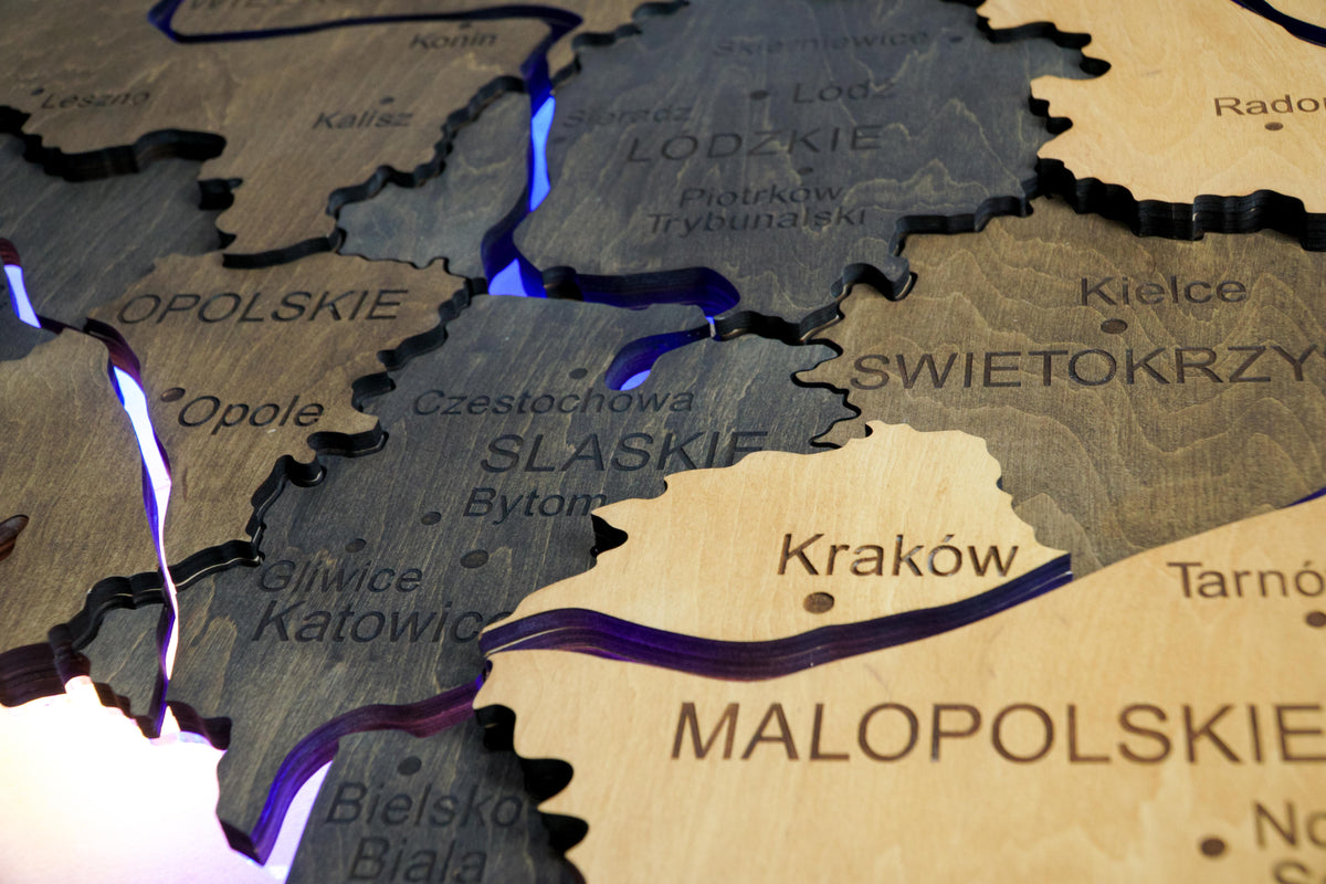 Wooden Multilayer Map of Poland with Illuminated Rivers, color Brute — buy | FACTURA