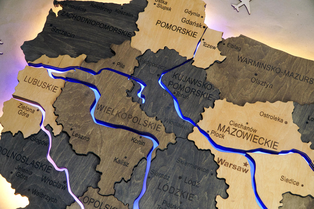 Wooden Multilayer Map of Poland with Illuminated Rivers, color Brute — buy | FACTURA
