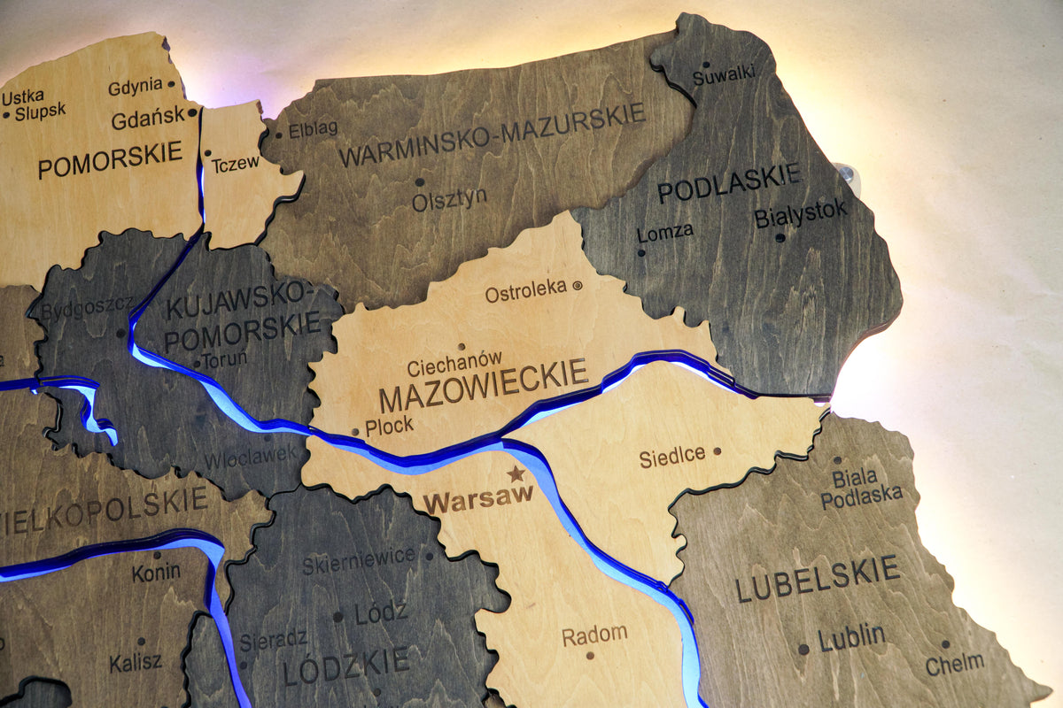 Wooden Multilayer Map of Poland with Illuminated Rivers, color Brute — buy | FACTURA