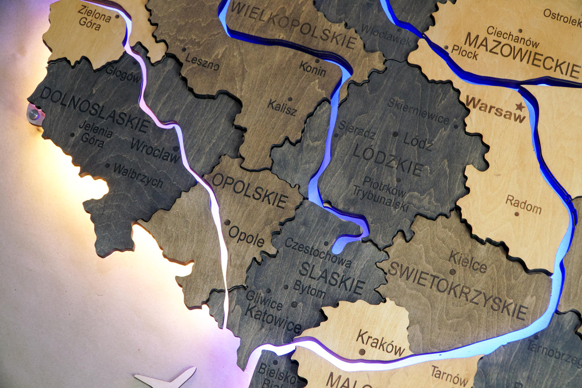 Wooden Multilayer Map of Poland with Illuminated Rivers, color Brute — buy | FACTURA