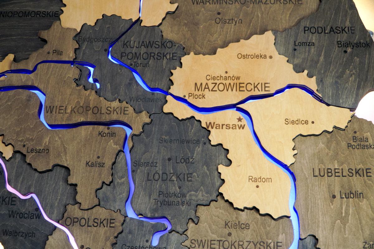 Wooden Multilayer Map of Poland with Illuminated Rivers, color Brute — buy | FACTURA