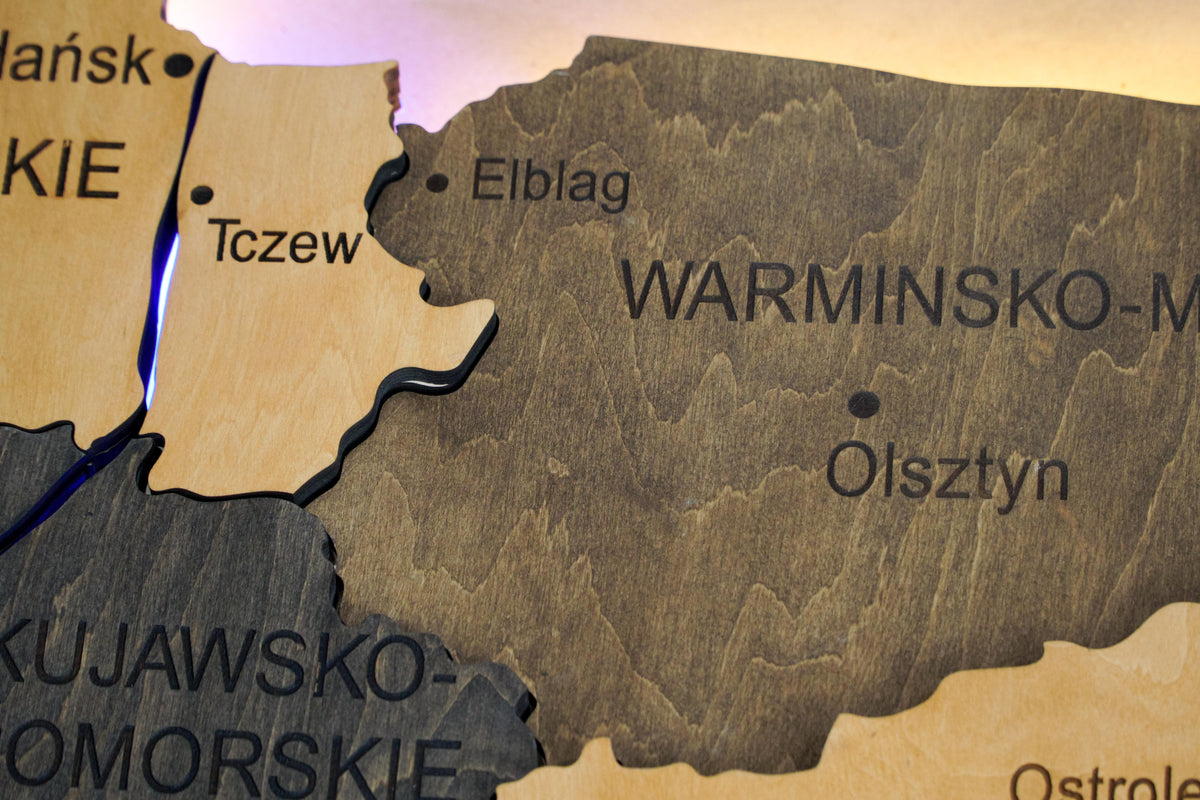 Wooden Multilayer Map of Poland with Illuminated Rivers, color Brute — buy | FACTURA
