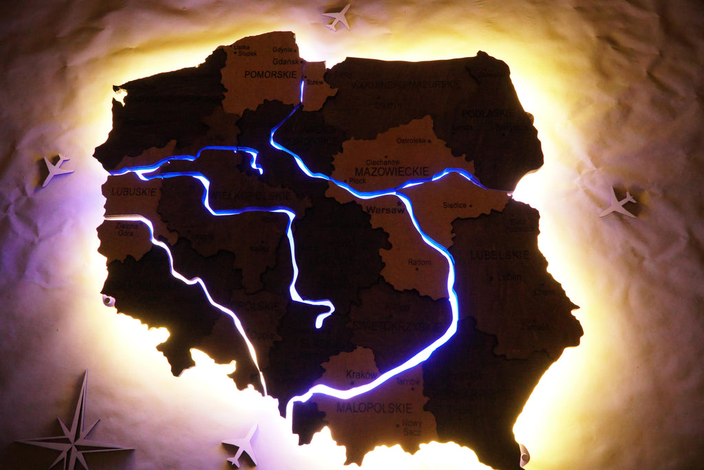 Wooden Multilayer Map of Poland with Illuminated Rivers, color Brute — buy | FACTURA