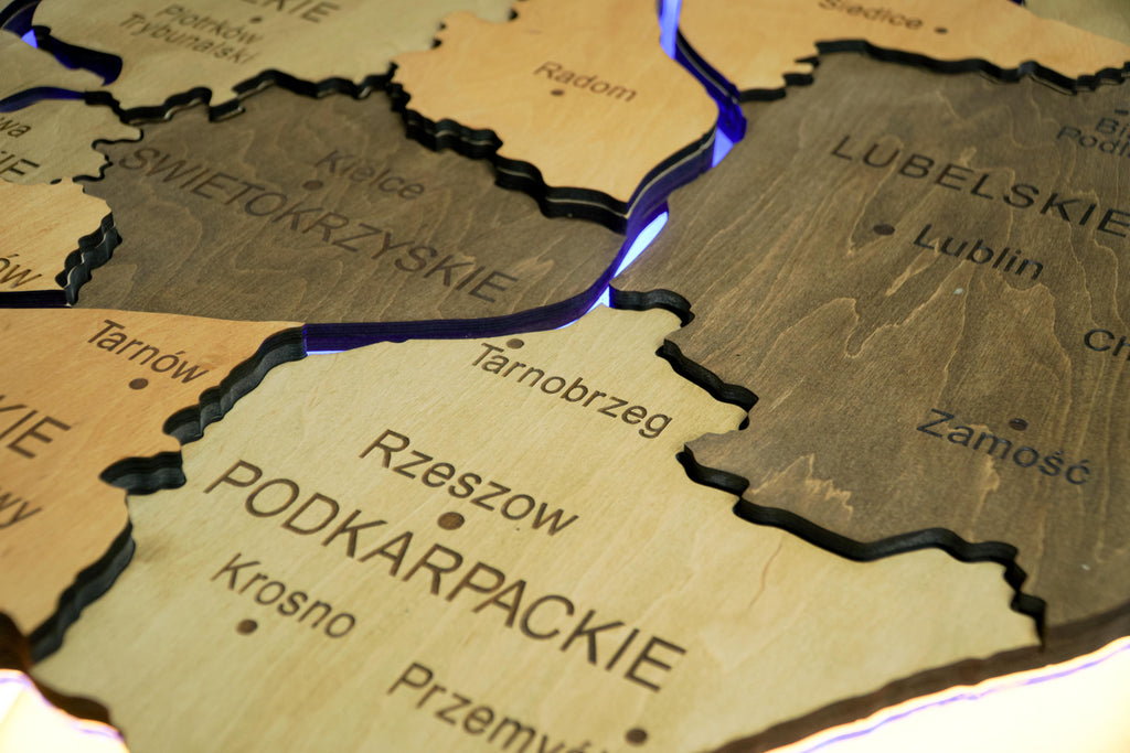 Wooden Multilayer Map of Poland with Illuminated Rivers, color Light Tree — buy | FACTURA