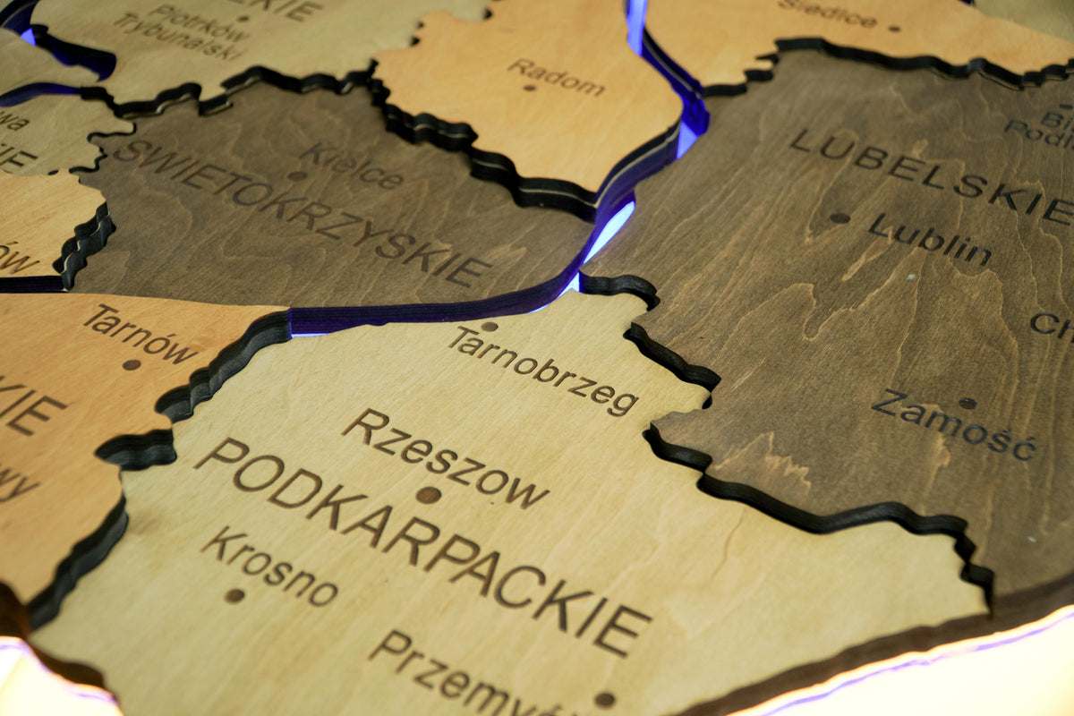 Wooden Multilayer Map of Poland with Illuminated Rivers, color Light Tree — buy | FACTURA