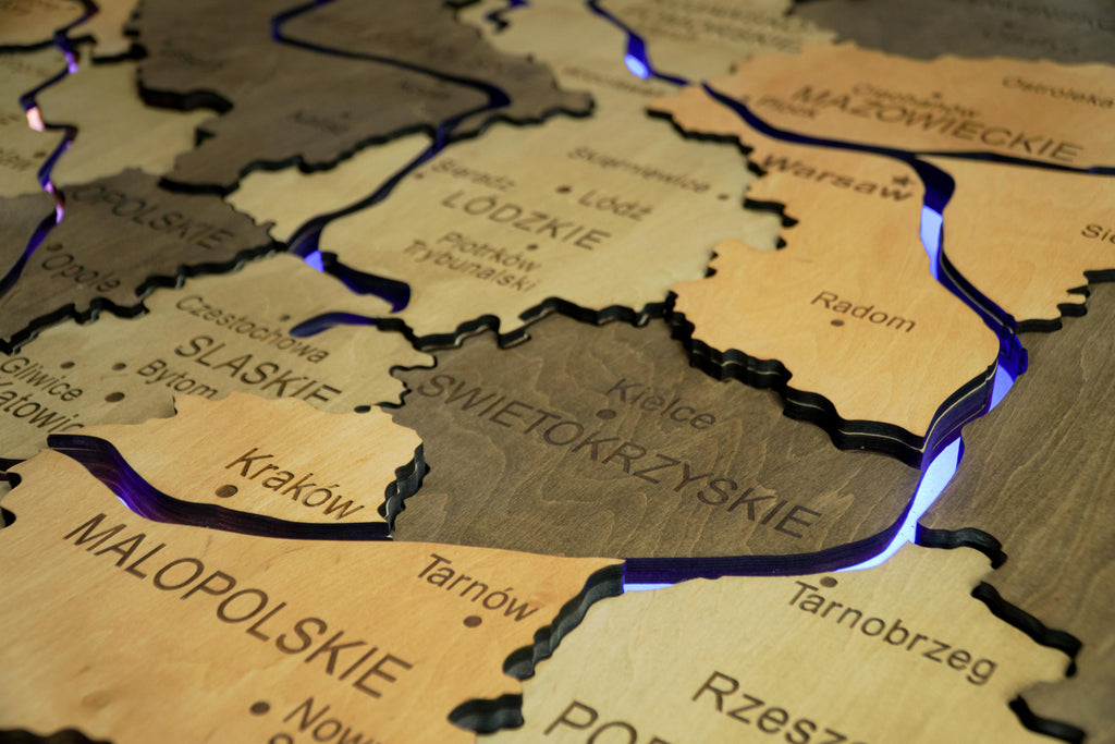 Wooden Multilayer Map of Poland with Illuminated Rivers, color Light Tree — buy | FACTURA