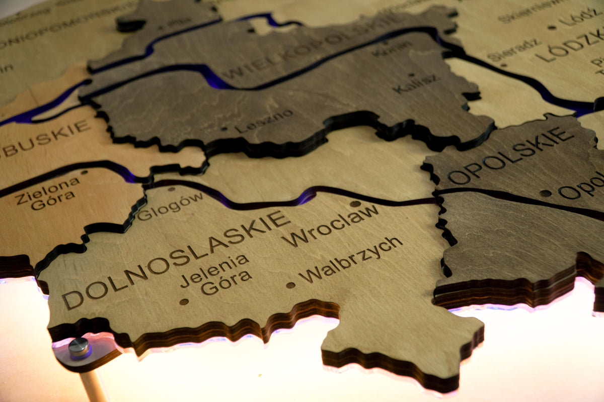 Wooden Multilayer Map of Poland with Illuminated Rivers, color Light Tree — buy | FACTURA