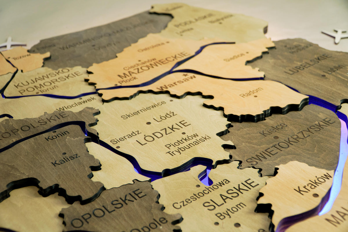 Wooden Multilayer Map of Poland with Illuminated Rivers, color Light Tree — buy | FACTURA