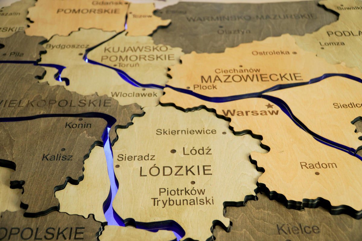Wooden Multilayer Map of Poland with Illuminated Rivers, color Light Tree — buy | FACTURA