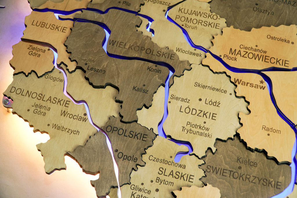 Wooden Multilayer Map of Poland with Illuminated Rivers, color Light Tree — buy | FACTURA