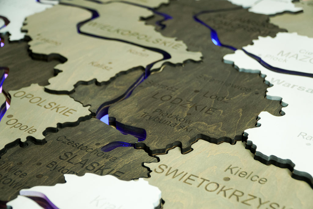 Wooden Multilayer Map of Poland with Illuminated Rivers, color Black&White — buy | FACTURA