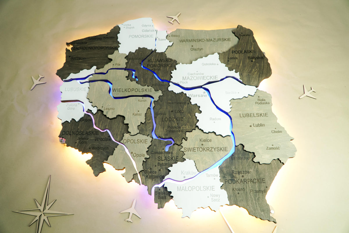 Wooden Multilayer Map of Poland with Illuminated Rivers, color Black&White — buy | FACTURA