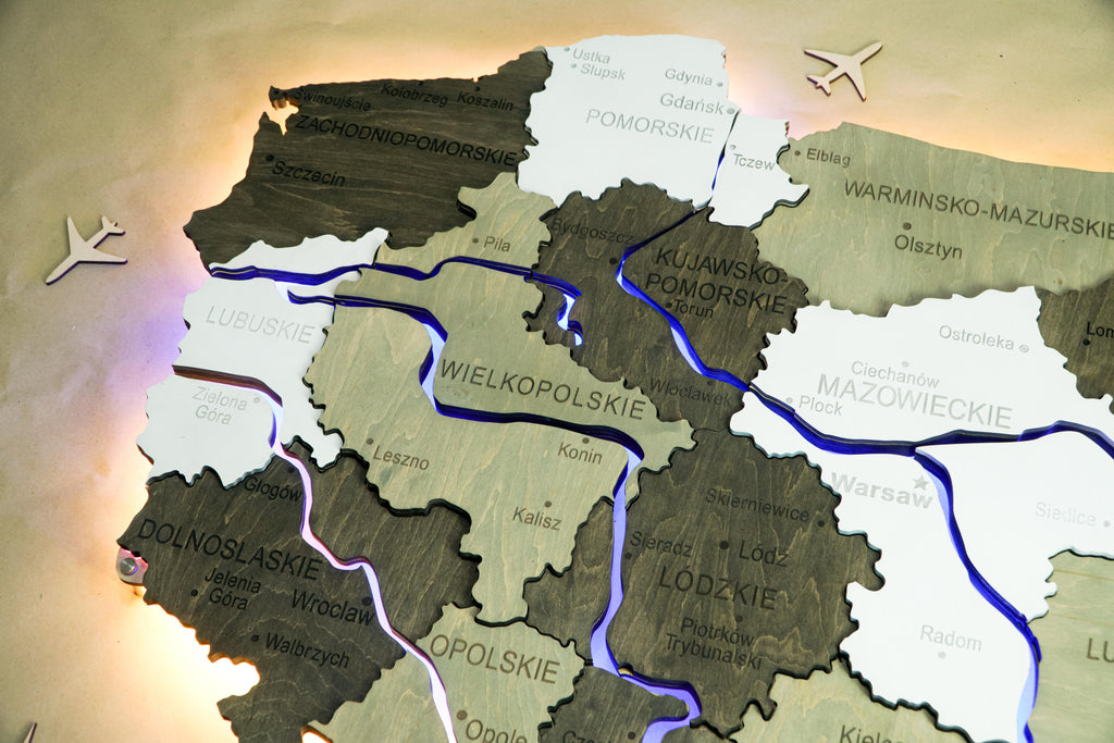 Wooden Multilayer Map of Poland with Illuminated Rivers, color Black&White — buy | FACTURA