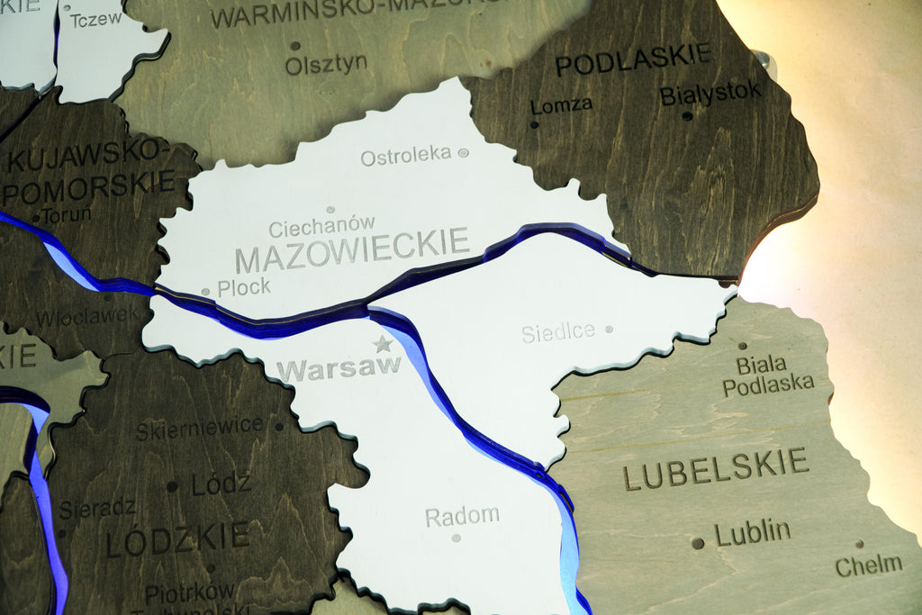 Wooden Multilayer Map of Poland with Illuminated Rivers, color Black&White — buy | FACTURA