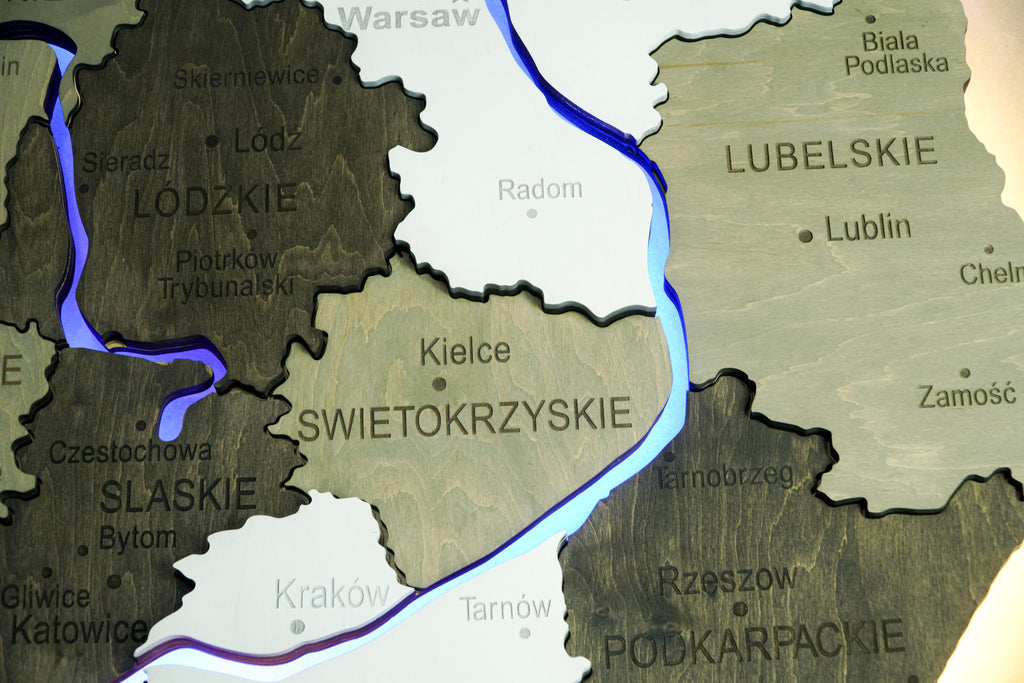 Wooden Multilayer Map of Poland with Illuminated Rivers, color Black&White — buy | FACTURA
