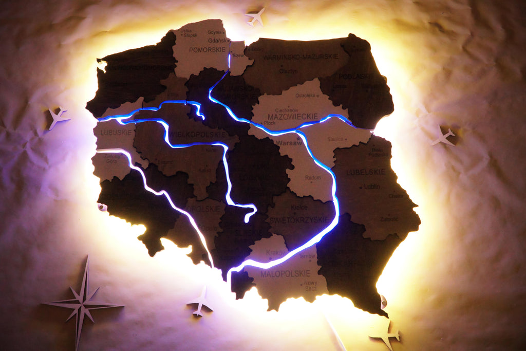 Wooden Multilayer Map of Poland with Illuminated Rivers, color Black&White — buy | FACTURA