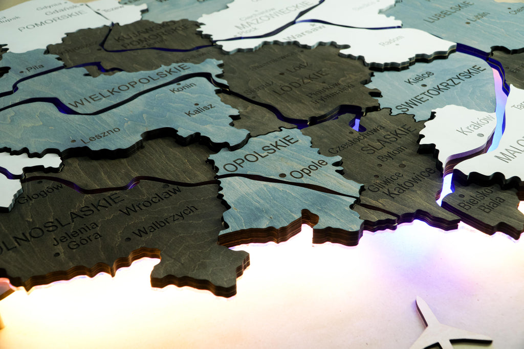 Wooden Multilayer Map of Poland with Illuminated Rivers, color Loft — buy | FACTURA