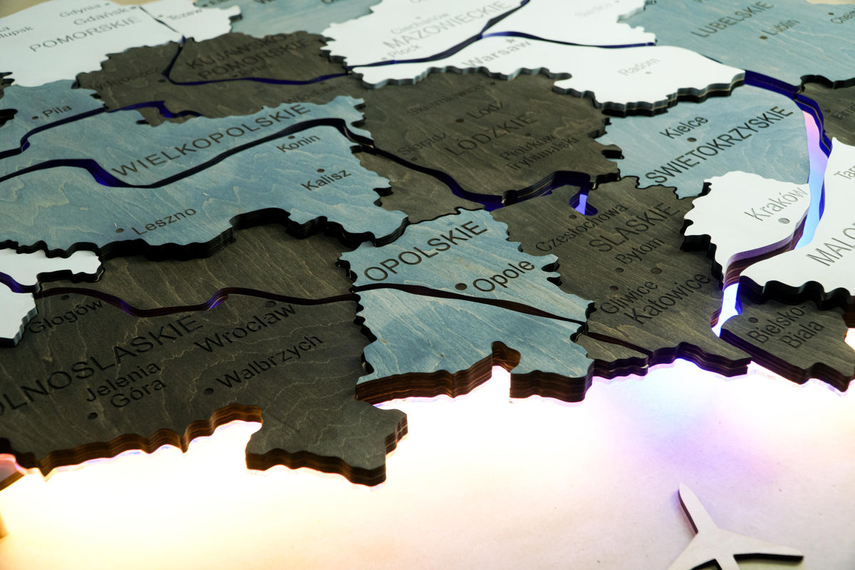 Wooden Multilayer Map of Poland with Illuminated Rivers, color Loft — buy | FACTURA