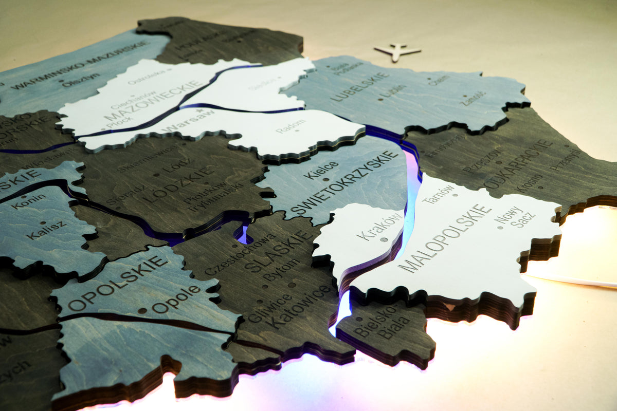 Wooden Multilayer Map of Poland with Illuminated Rivers, color Loft — buy | FACTURA