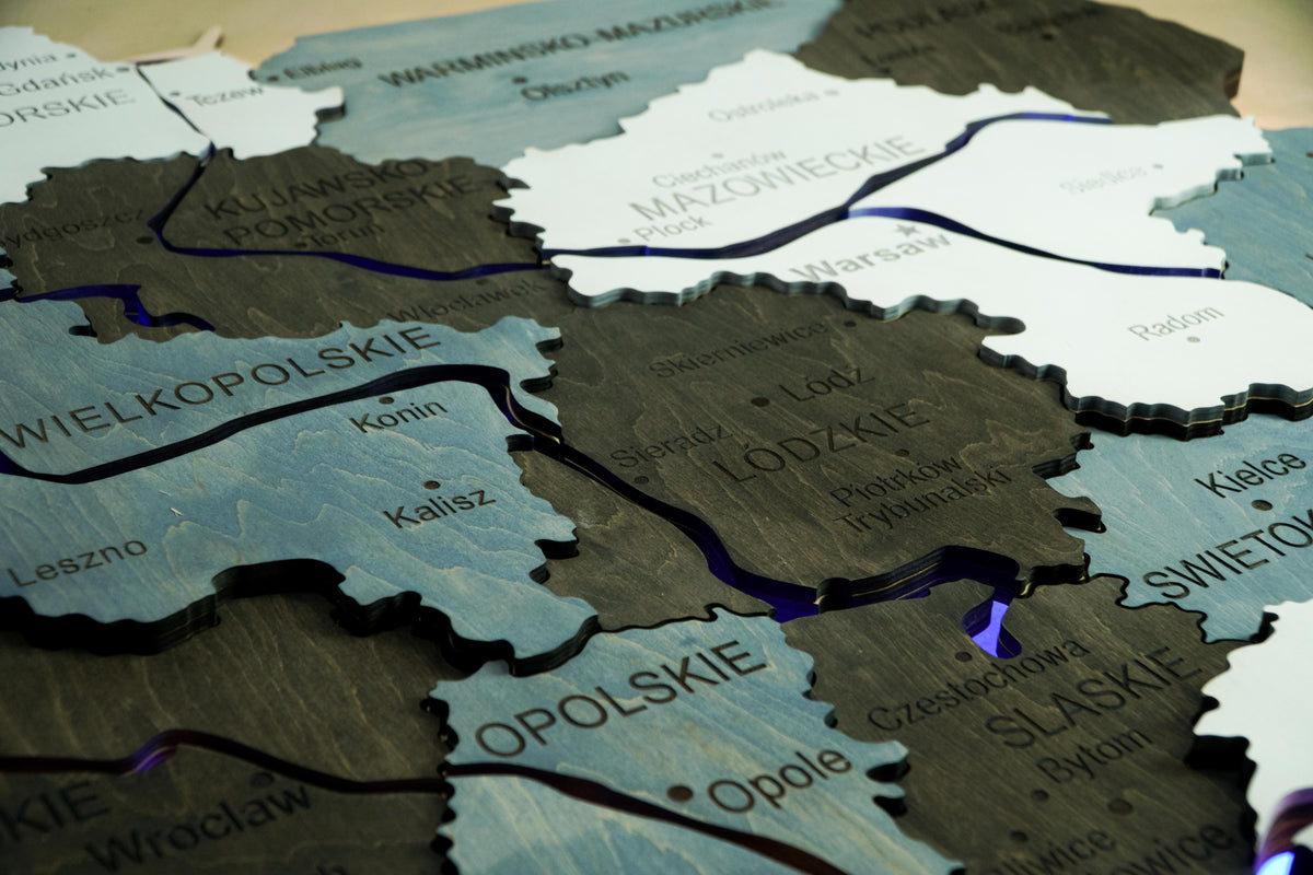 Wooden Multilayer Map of Poland with Illuminated Rivers, color Loft — buy | FACTURA