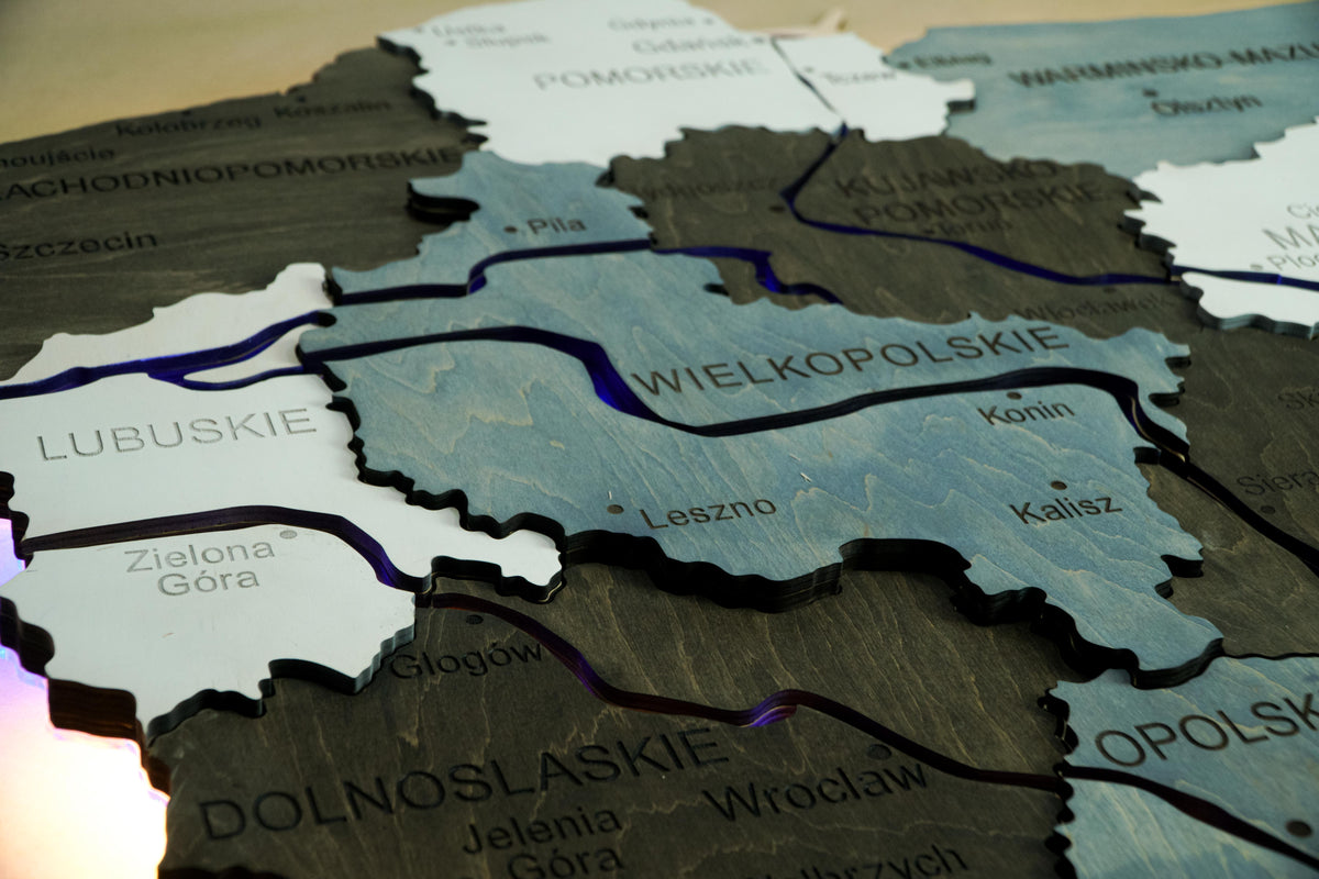 Wooden Multilayer Map of Poland with Illuminated Rivers, color Loft — buy | FACTURA