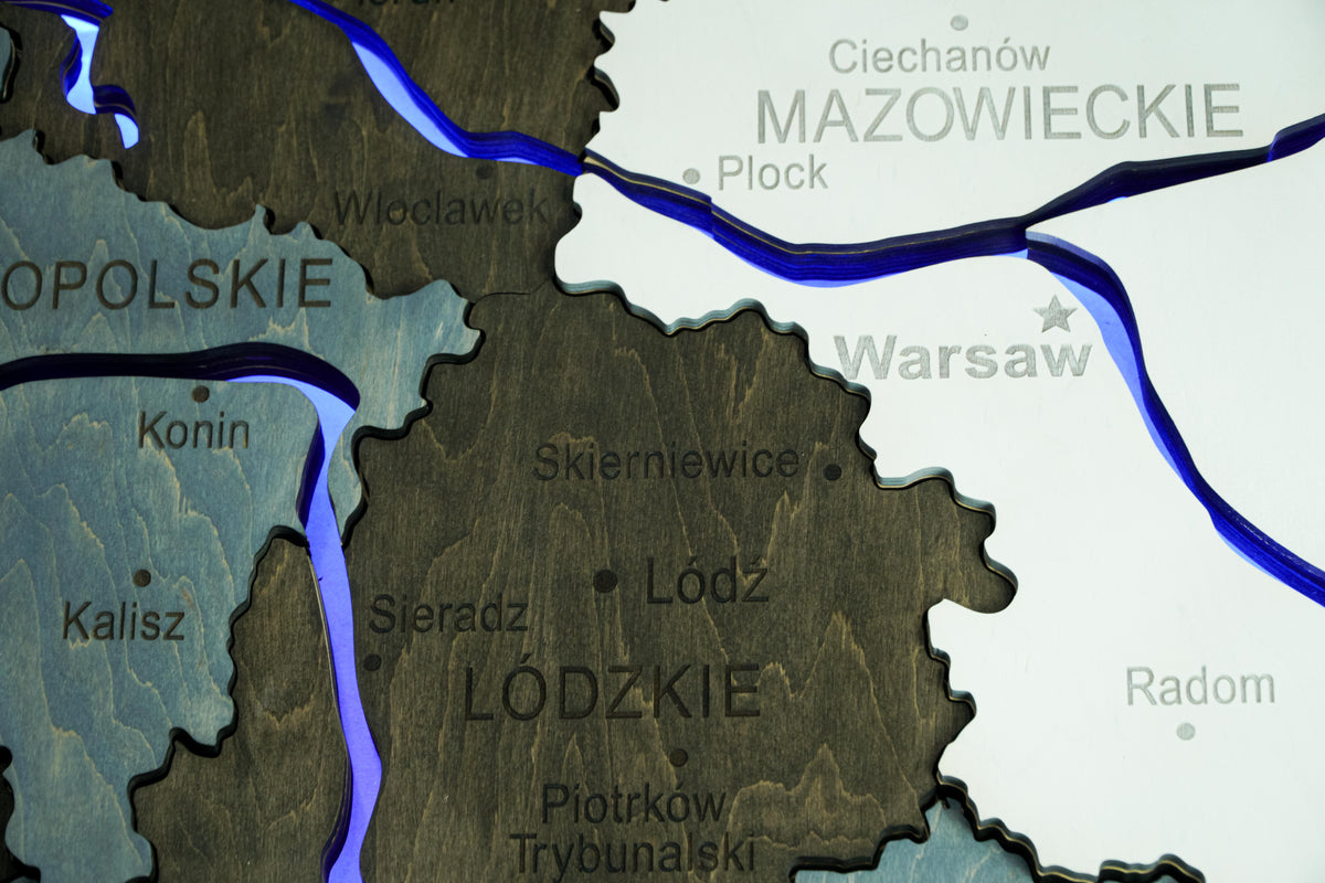 Wooden Multilayer Map of Poland with Illuminated Rivers, color Loft — buy | FACTURA