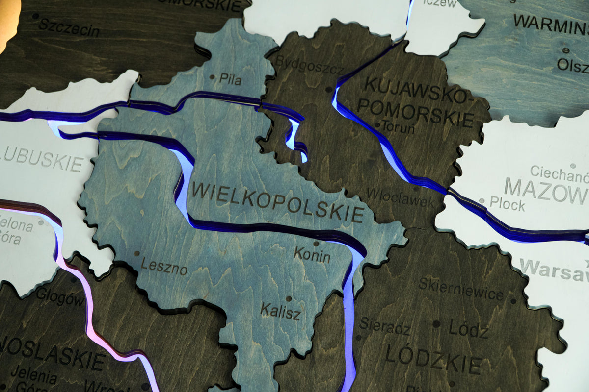 Wooden Multilayer Map of Poland with Illuminated Rivers, color Loft — buy | FACTURA