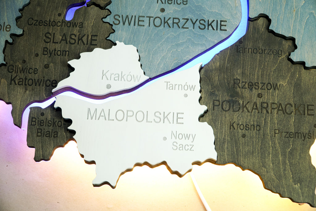Wooden Multilayer Map of Poland with Illuminated Rivers, color Loft — buy | FACTURA
