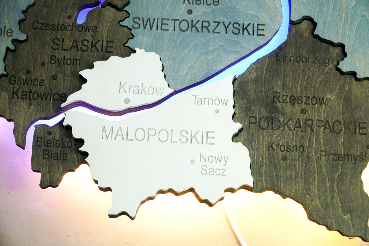 Wooden Multilayer Map of Poland with Illuminated Rivers, color Loft — buy | FACTURA