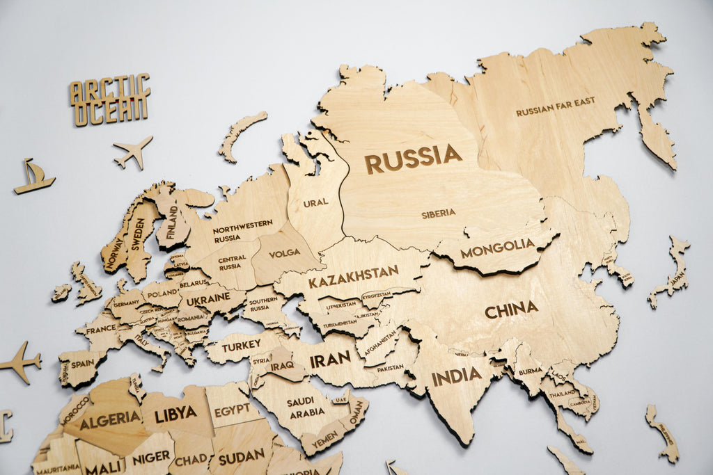 Drewniana mapa świata 3D wielowarstwowa, kolor Natural