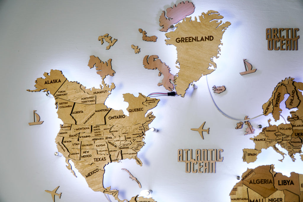 Drewniana mapa świata 3D LED wielowarstwowa, kolor Natural