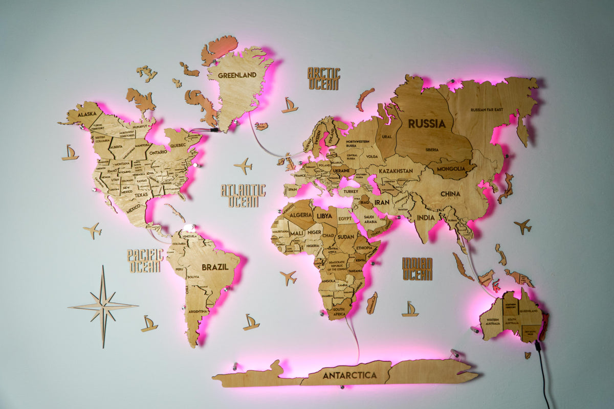 Drewniana mapa świata 3D LED wielowarstwowa, kolor Natural