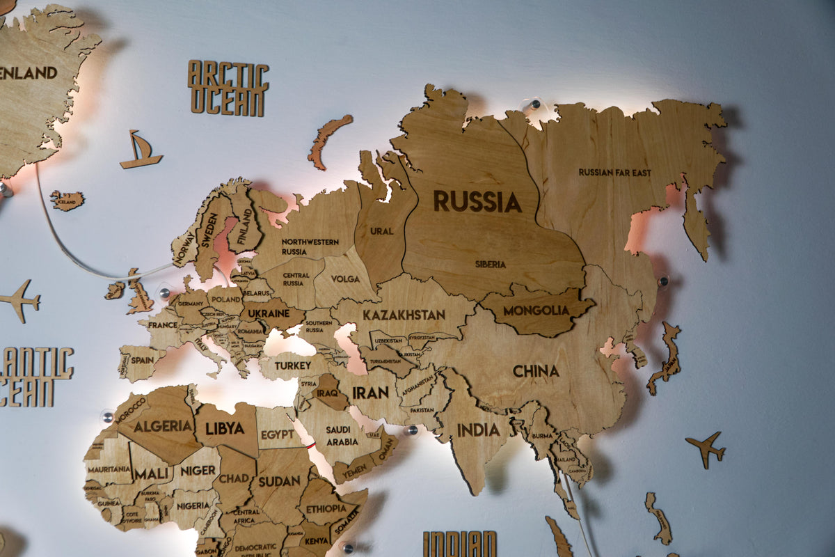 Drewniana mapa świata 3D LED wielowarstwowa, kolor Natural