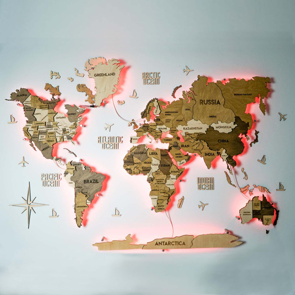Drewniana mapa świata 3D LED wielowarstwowa, kolor Terra