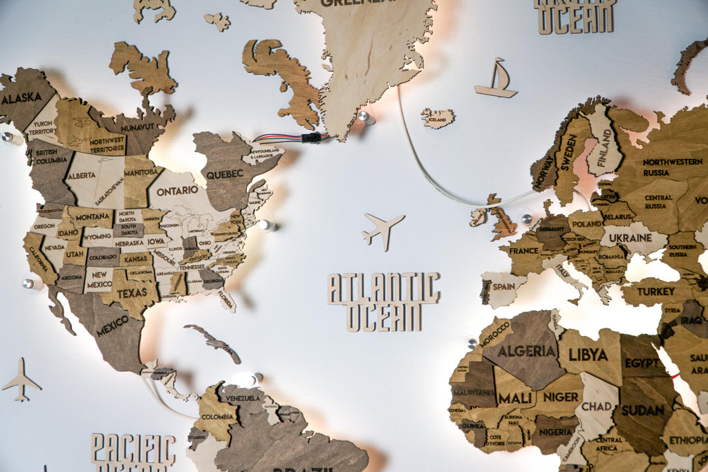Drewniana mapa świata 3D LED wielowarstwowa, kolor Terra