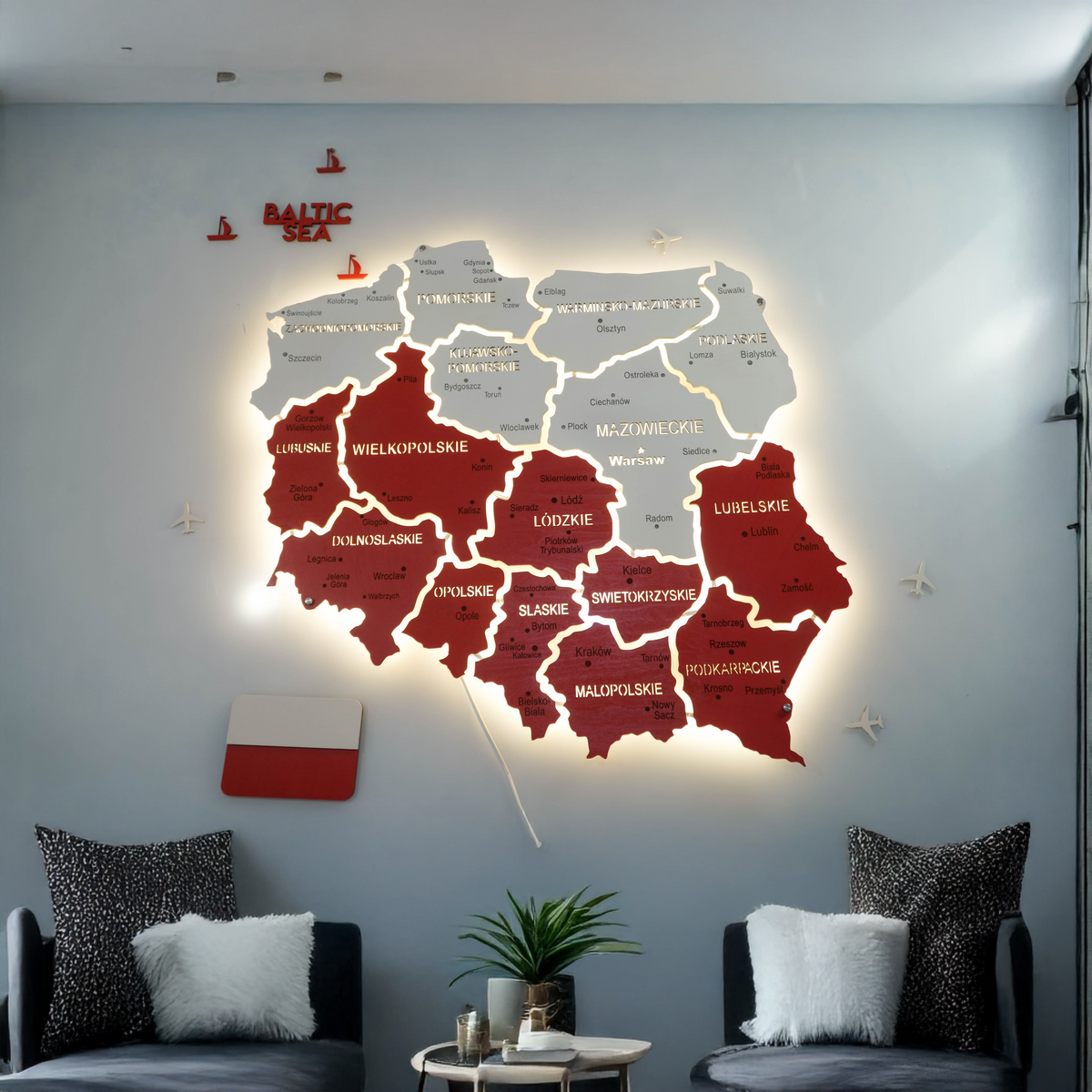 Mapa Polski LED na szkle akrylowym z podświetleniem między województwami kolor Flaga